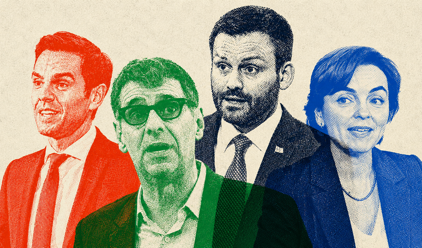 Illustration de quatre figures politiques québécoises à l’approche des élections provinciales du 5 octobre 2026.