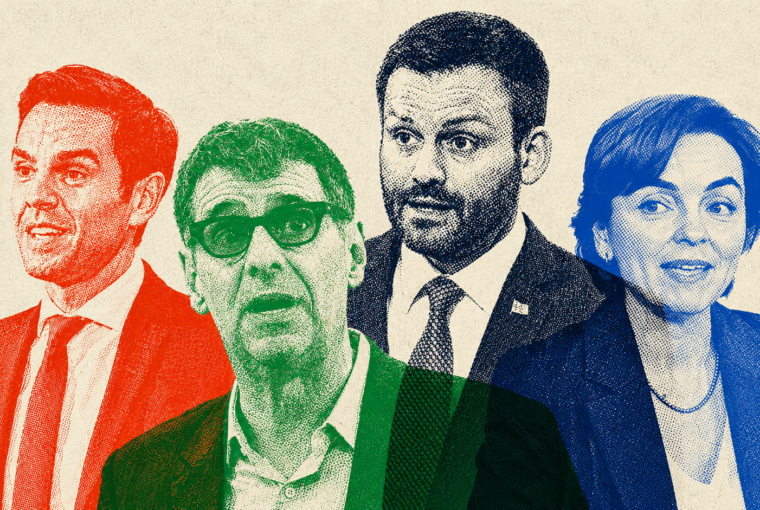 Illustration de quatre figures politiques québécoises à l’approche des élections provinciales du 5 octobre 2026.