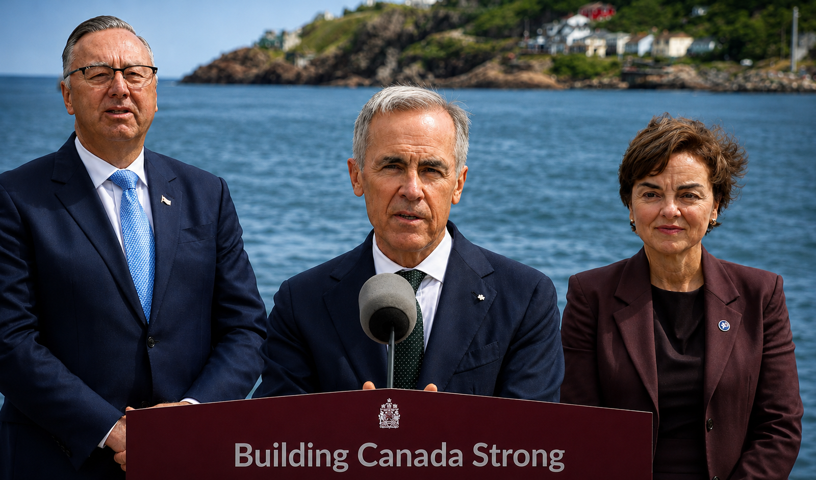 SAINT-JEAN (St. John's), Terre-Neuve-et-Labrador — Port de Saint-Jean, 17 août 2026. Le premier ministre Mark Carney, aux côtés de représentants du Québec et de Terre-Neuve-et-Labrador, lors de l'annonce du relancement du complexe énergétique de Churchill Falls.