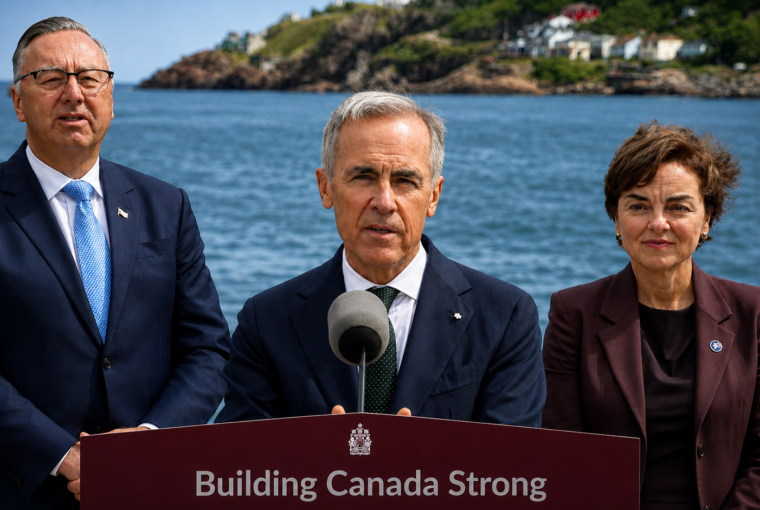 SAINT-JEAN (St. John's), Terre-Neuve-et-Labrador — Port de Saint-Jean, 17 août 2026. Le premier ministre Mark Carney, aux côtés de représentants du Québec et de Terre-Neuve-et-Labrador, lors de l'annonce du relancement du complexe énergétique de Churchill Falls.